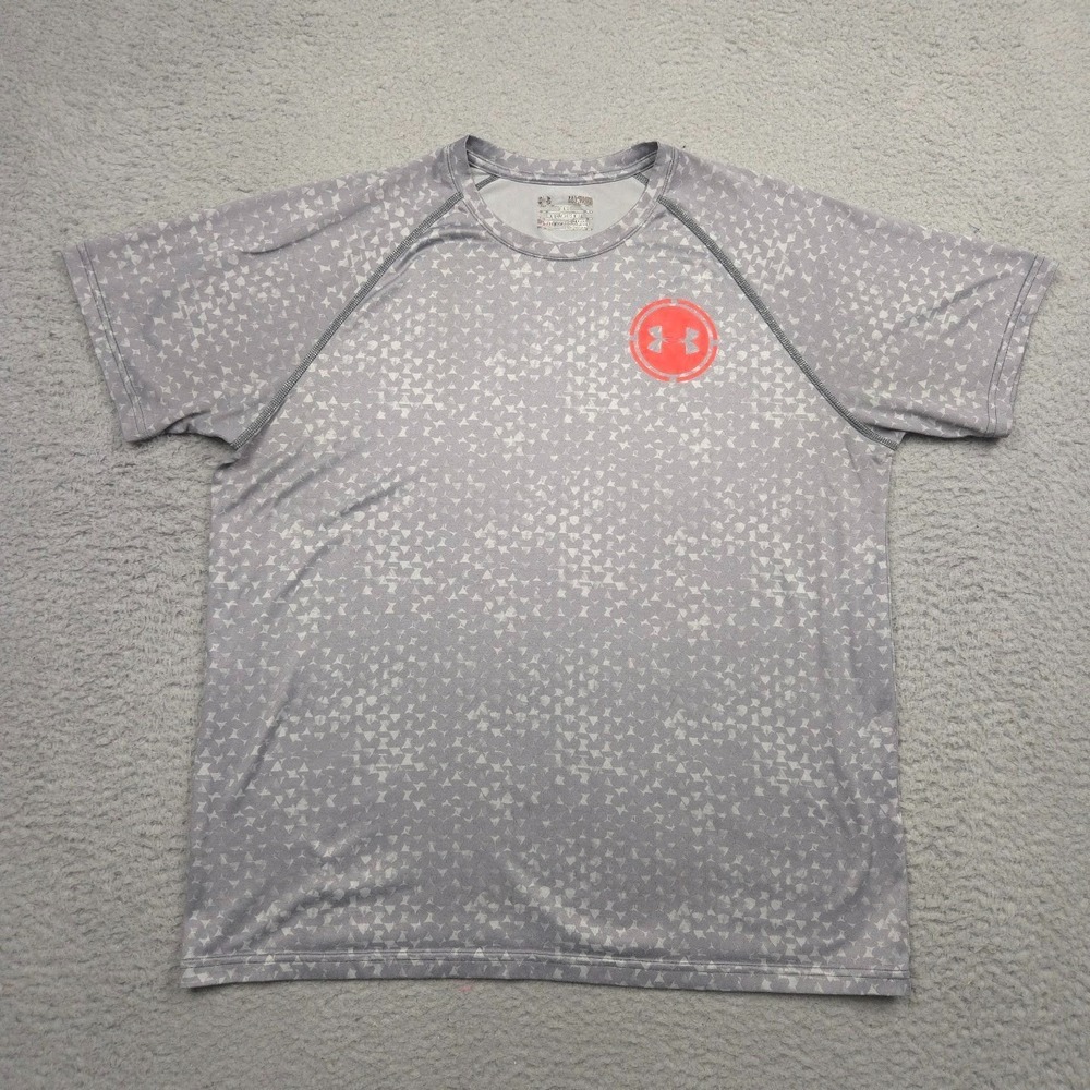 Under Armour HeatGear Loose Gray Geometric Orange Logo Performance Tee Medium